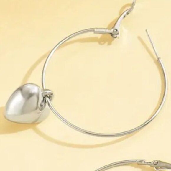 Oversized Large Statement Hoops with Heart Cutout Design Silver Electro-Plated - Picture 3 of 3